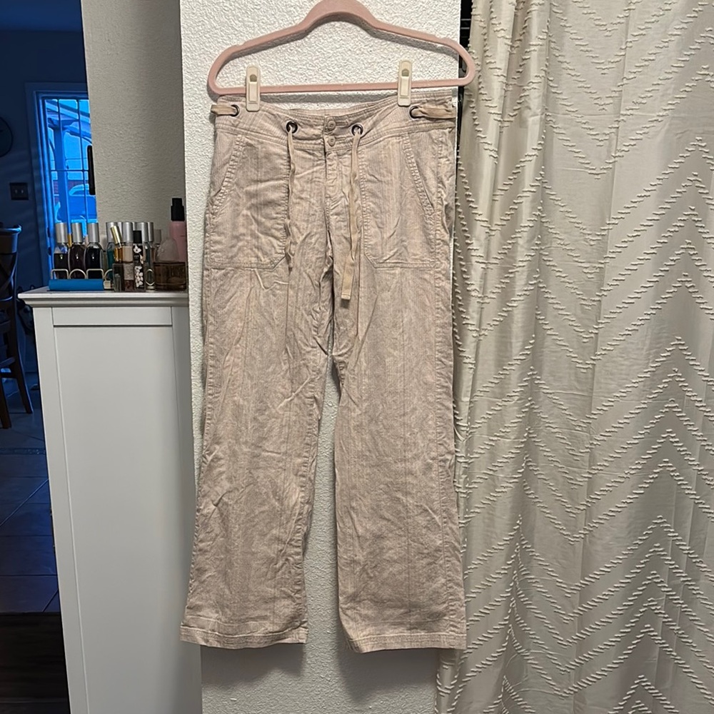 Prana Steph Striped Tan Boot Cut Flare Linen Cotton Pants